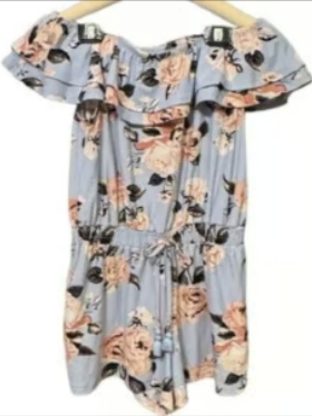 Hot Kiss Blue Floral Shorts Romper One Piece On/Off Shoulder Lightweight Stretch